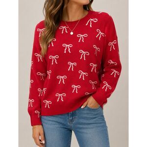 Le Lis Collection XS Red Bow Print Knit Sweater Coquette Valentine Cottagecore